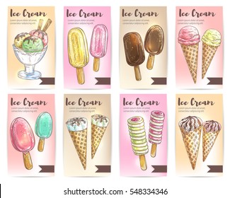 Ice cream menu cards. Sweet dessert strawberry fruit, pistchio ice cream scoops in glass bowl, eskimo pie in chocolate glaze, sundae in wafer cone. Vector color elements for cafe, restaurant