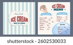 Ice cream menu concept. Retro Design template in blue colors for cafe and restaurant. Cold dessert flayer.
