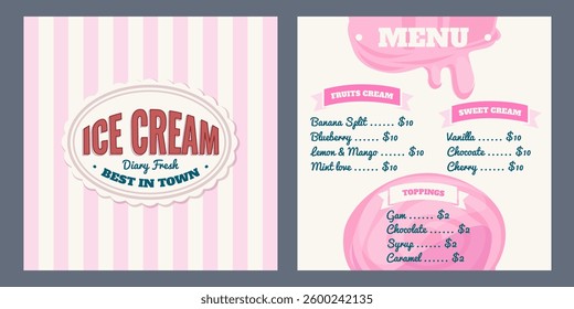 Ice cream menu concept. Retro Design template in bright pink colors for cafe and restaurant. Cold dessert flyer.