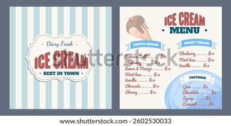Ice cream menu concept. Retro Design template in blue colors for cafe and restaurant. Cold dessert flayer.