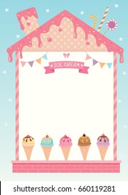 Ice cream menu decorated in sweet house cafe design with strawberry pink syrup wafer and toppings on blue background.