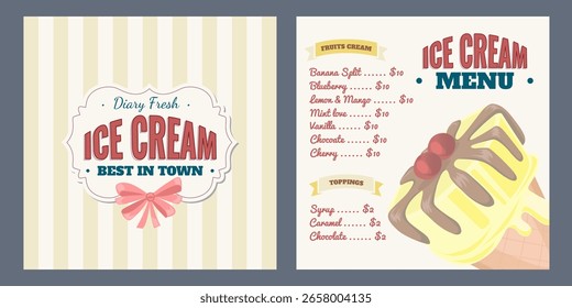 Ice Cream Menu design template. Layout concept with cold dessert for cafe and restaurant. Different flavors of ice cream with prices. Vector illustration.