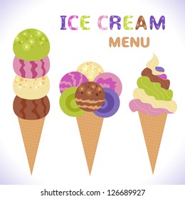 Ice cream menu with icons. Very delicious and funny. May use for design of happy frozen party. Vector illustration for your holiday business.