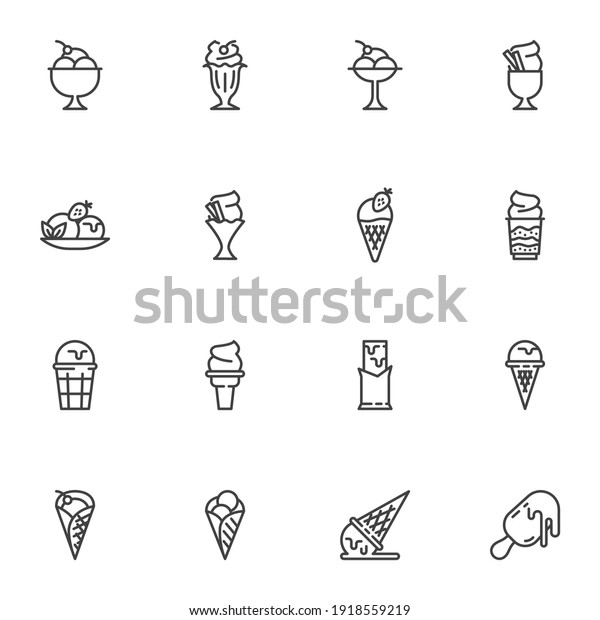 Ice\
cream menu line icons set, outline vector symbol collection, linear\
style pictogram pack. Signs, logo illustration. Set includes icons\
as sundae, parfait sorbet, waffle ice cream\
cone