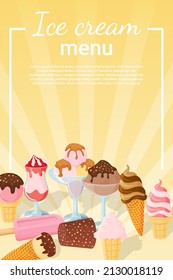 Ice cream menu on a yellow background.Sweet summer dessert.Vector illustration.A set of ice cream with different flavors, textures and fillers.