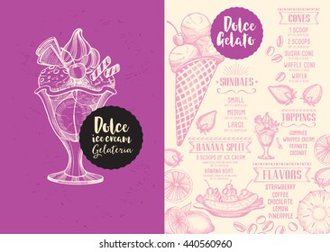 Ice cream menu place mat food restaurant brochure, dessert template design. 