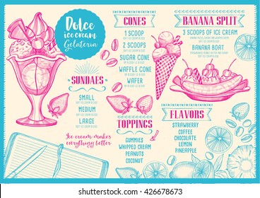 Ice cream menu placemat food restaurant brochure, dessert template design. Vintage creative sweet template with hand-drawn graphic. Vector food menu flyer. Gourmet menu board.