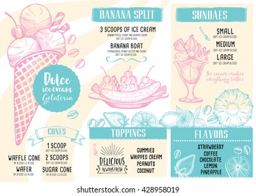 Ice cream menu placemat food restaurant brochure, dessert template design. Vintage creative sweet template with hand-drawn graphic. Vector food menu flyer. Gourmet menu board.