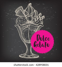 Ice cream menu placemat food restaurant brochure, dessert template design. Vintage creative sweet template with hand-drawn graphic. Vector food menu flyer. Gourmet menu board.