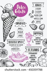 Ice cream menu placemat food restaurant brochure, dessert template design. Vintage creative sweet template with hand-drawn graphic. Vector food menu flyer. 
