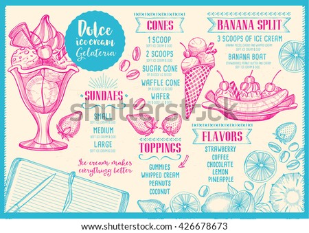 Ice cream menu placemat food restaurant brochure, dessert template design. Vintage creative sweet template with hand-drawn graphic. Vector food menu flyer. Gourmet menu board.