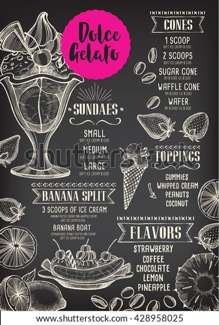 Ice cream menu placemat food restaurant brochure, dessert template design. Vintage creative sweet template with hand-drawn graphic. Vector food menu flyer. Gourmet menu board.