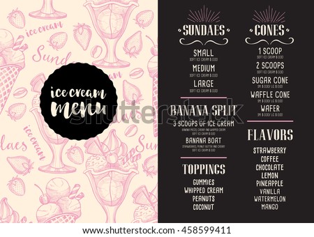 Ice cream menu placemat food restaurant brochure, template design. Vintage creative dinner flyer with hand-drawn graphic. 