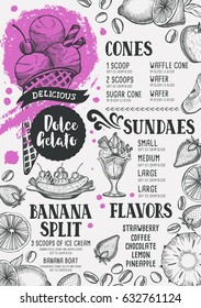 Ice cream menu for restaurant and cafe. Design template with hand-drawn graphic elements in doodle style.