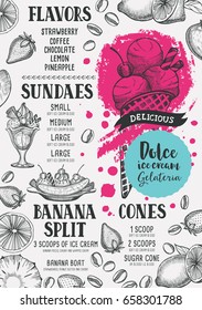 Ice cream menu for restaurant and cafe. Design template with hand-drawn graphic elements in doodle style.