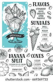 Ice cream menu for restaurant and cafe. Design template with hand-drawn graphic elements in doodle style.