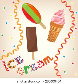 Ice Cream Menu with Serpentine and Comic inscription. Vector illustration