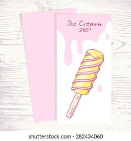 Ice cream menu template with with hand drawn twisted fruity popsicle in vector. Illustration of sweet doodle dessert with drops. Wood background