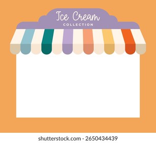 Modelo de menu de sorvete com toldo de quiosque listrado em cor de arco-íris, caixa de texto branca vazia, quadro para publicidade, tabuleta. Fundo de verão retro isolado. Vetor EPS10