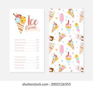 Ice Cream Menu Template, Sweet Tasty Desserts Flyer, Card, Brochure Design with Text Vector Illustration