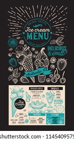 Ice cream menu. Vector dessert food flyer for restaurant. Design template with vintage hand-drawn illustrations.