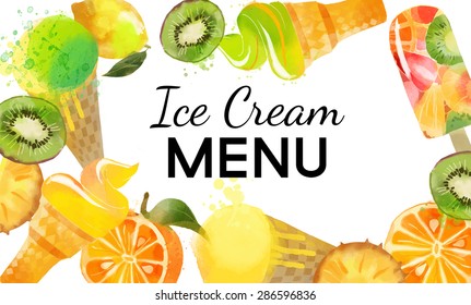 Ice cream menu. Watercolor vector background 