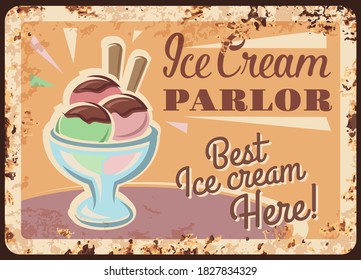 Ice cream in metal cup vector rusty metal plate, fruit sundae pink and green scoop balls with chocolate sauce stand on table in parlor vintage rust tin sign. Icecream dessert ferruginous retro poster