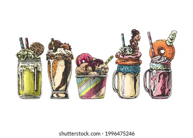 ice cream, milkshake with decoration, sweet dessert in different dishes, glass, paper, bowl, jar, vintage colorful drawing, graphics, isolated vector objects, black outline, green, pink, white,