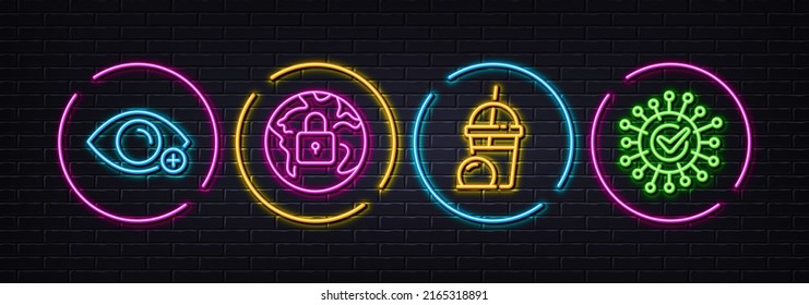 Ice cream milkshake, Farsightedness and Lock minimal line icons. Neon laser 3d lights. Coronavirus icons. For web, application, printing. Sundae milkshake, Eye vision, Web protection. Vector