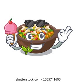 With ice cream minestrone is served in cartoon bowl