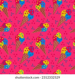 An ice cream minimalistic seamless pattern. Modern vector high contrast ice craem cones with confrtti on pink background. Perfect for wrapping paper, background, kids textile, wallpaper, poster