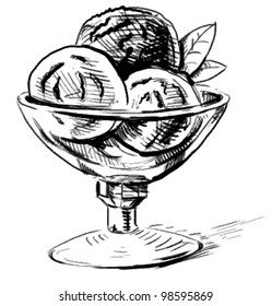 Ice cream with mint leaves in a glass bowl isolated on white background. Hand drawing sketch vector illustration