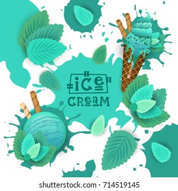 Ice Cream With Mint Taste Dessert Colorful Poster Vector Illustration