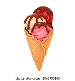 Ice cream mix waffle cone balls strawberry raspberry vanilla with chocolate topping vector illustration