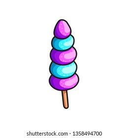 Ice cream with mixed taste in form of purple and blue rings on stick