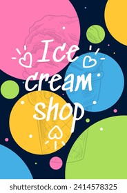 Ice cream modern poster. Dessert and delicacy for summer season. Frozen and cold eating. Trendy colorful leaflet and booklet. Poster or banner for website. Linear flat vector illustration