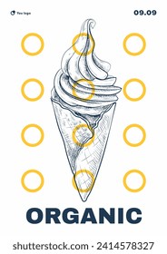 Ice cream modern poster. Hand drawn sketch of waffer cone with cold product. Dessert and delicacy for summer season. Trendy leaflet. Graphic element for website. Linear flat vector illustration