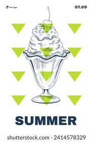 Ice cream modern poster. Hand drawn sketch of glass cup with cold product. Dessert and delicacy for summer season. Trendy leaflet. Template and layout. Linear flat vector illustration