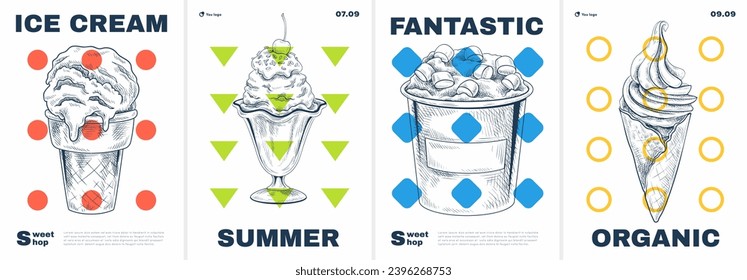 Ice cream modern posters set. Minimalistic creativity and art. Frozen dessert and delicacy in waffer cone. Flyer, leaflet and booklet. Cartoon flat vector collection isolated on white background