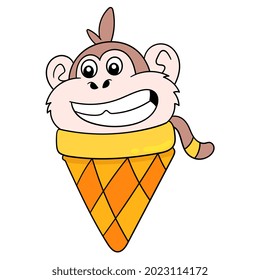 ice cream monkey shape smiling happily, vector illustration art. doodle icon image kawaii.