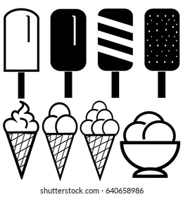 Ice Cream Monochrome Stick Icons Isolated on White Background. Refreshing Summer Concept