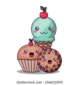 ice cream muffin and cookie cartoon design, Kawaii expression cute character funny and emoticon theme Vector illustration