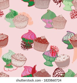 Ice cream and muffins, berries, citrus, bananas. Bright tasty desserts and treats. Seamless vector pattern.