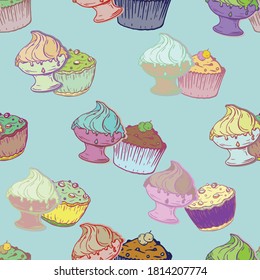 Ice cream and muffins. Bright tasty desserts and treats. Seamless vector pattern.