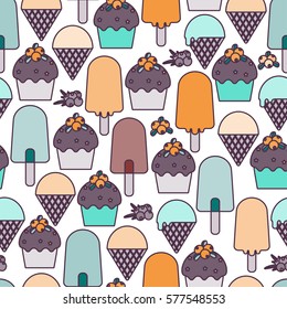 Ice cream and muffins.  Seamless pattern. Vector illustration.