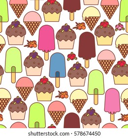 Ice cream and muffins.  Seamless pattern. Vector illustration.