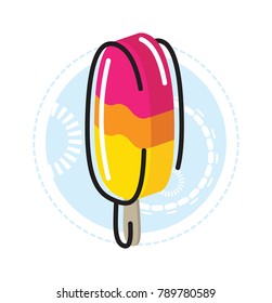 Ice cream multi colored isolated on white and blue background vector image. Ice cream three color pink, orange and yellow isolated on white background vector illustration