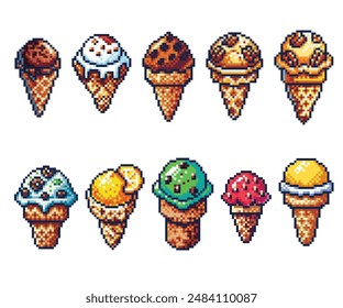 Ice cream multiple types of pixel art elements for the summer season