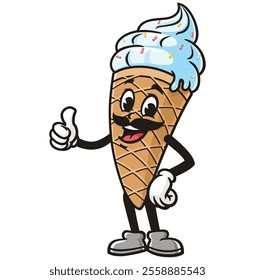 Ice Cream with Mustache,  Cartoon Character Mascot Illustration Vector Clip-art Hand-drawn Logo Design