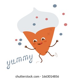 Ice cream, a natural product. Cute, Cartoon character. Caricature. Vector illustration. For packaging, brochures, advertising, design.